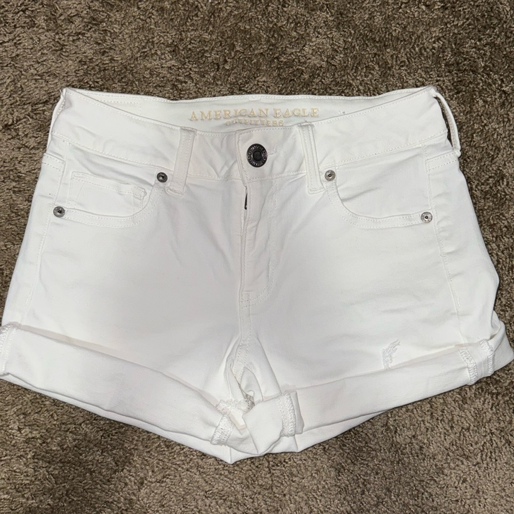 AEO white denim midi shorts